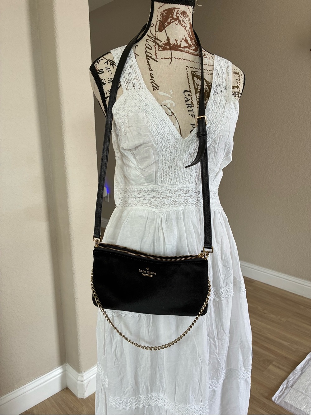 kate spade Black Velvet Crossbody with Gold Chain Top Handle